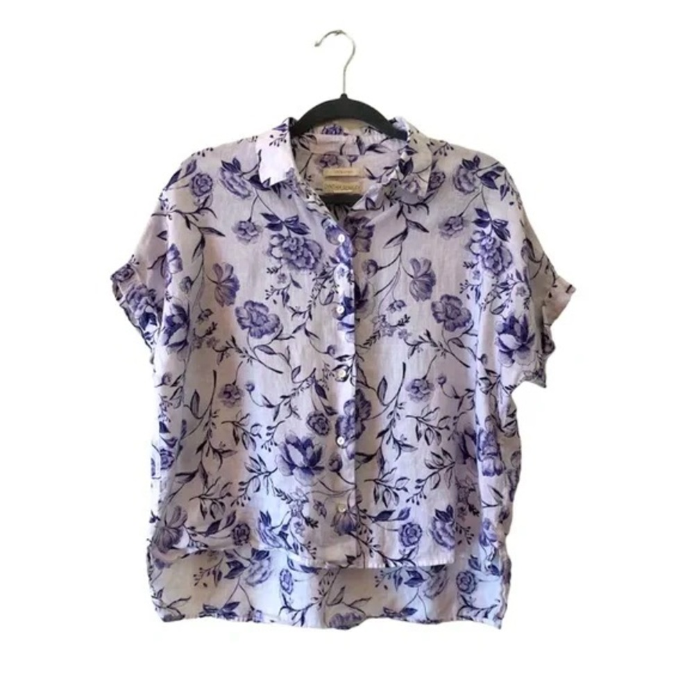 Cynthia Rowley white linen floral blouse tshirt size Medium hi low button front